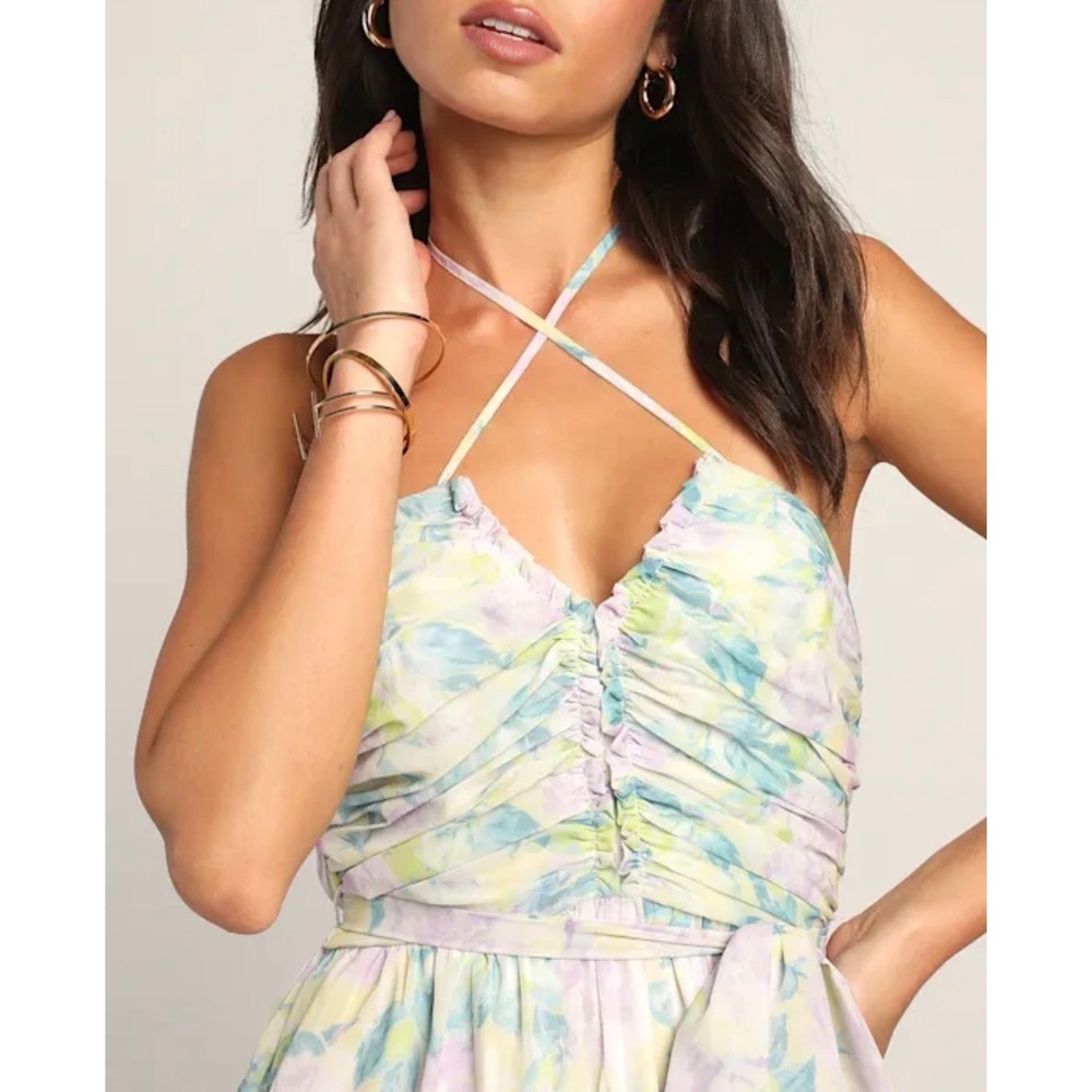 Lulus Effortlessly Abloom Green Multi Floral Ruched Halter Maxi Dress M 2868